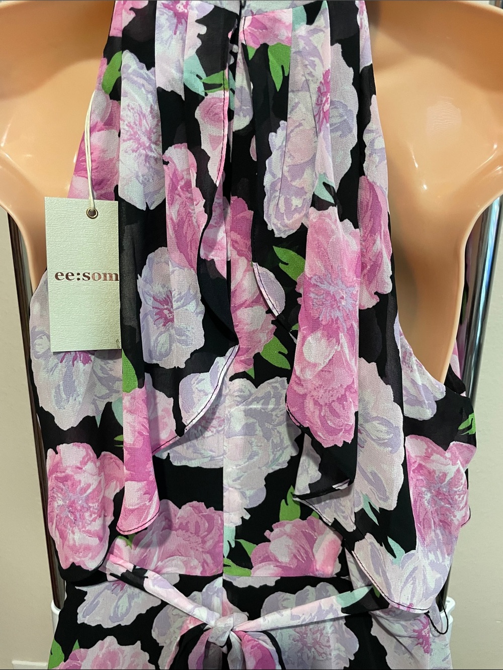 Floral Halter High-low Dress in Pink on Black - Picture 7 of 7